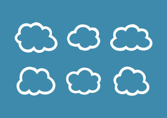 Obraz premium Set of outlines of clouds drawn by hand with a rough brush. Grunge, sketch, paint. Six white icons isolated on blue background.