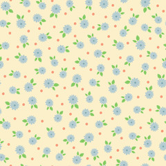 Randomly scattered little flowers with leaves and dots. Floral seamless pattern.