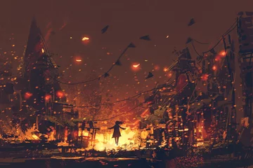 Poster de jardin Grand échec silhouettes de femme sur fond de village en feu, style art numérique, peinture d& 39 illustration