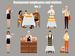 Obraz premium Restaurant workers cartoon characters. People work in restaurant isolated. Family having dinner in cafe. Vector illustration in flat style design