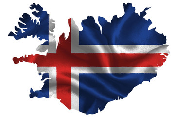 Map of Iceland with national flag on fabric surface