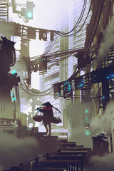 cyberpunk concept showing robot carrying on a shoulder pole walking in futuristic city, digital art style, illustration painting © grandfailure