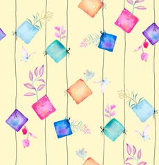 Watercolor flowers and colorful gemstones