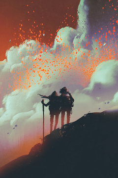 silhouettes of hikers standing on mountain watching smoke with lava explosion from volcano, digital art style, illustration painting