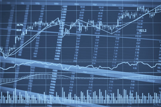 Abstract financial candlestick chart with line graph and stock numbers in Double exposure style background