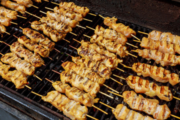 Marinated shashlik preparing on a barbecue grill over charcoal.