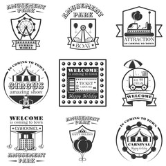 Vector set of amuesment park labels and design elements in vintage style. Black and white amusement park symbols, logos, bages and design element