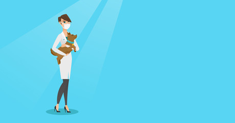 Veterinarian with dog in hands vector illustration