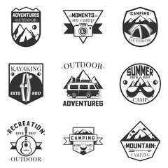 Obraz premium Vector set of outdoor activity, camping and expedition labels in vintage style. Design elements, icons, logo. Camp outdoor adventure illustration.