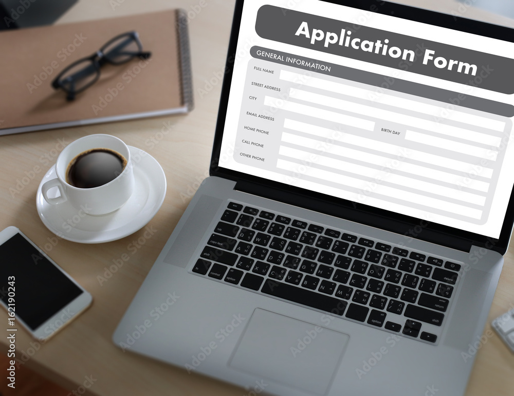 Poster business man working on laptop computer use online web job application form moniter