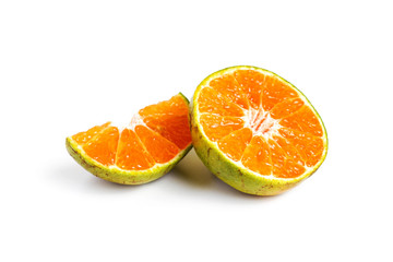 Slice half orange fruit on white background