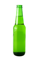 Beer bottle isolated on white background with open cap.