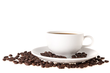Coffee cup and coffee bean isolated on white background.