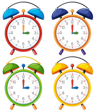 Four alarm clocks with different time