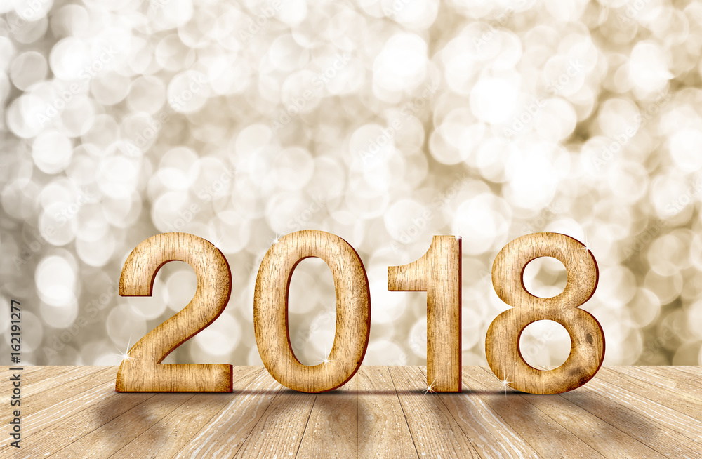 Poster 2018 new year wood number in perspective room with sparkling bokeh wall and wooden plank floor,leave