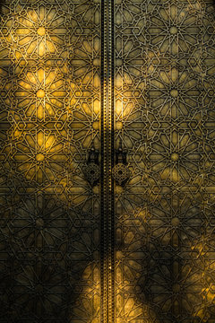 Close-up of an ornate golden door, Morocco