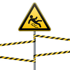 Caution - danger Beware of slippery. Safety sign. The triangular sign on a metal pole with warning bands. White background. Vector