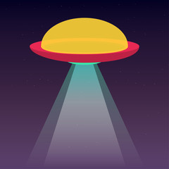 UFO, spaceship with light beam in space. Stars on dark background