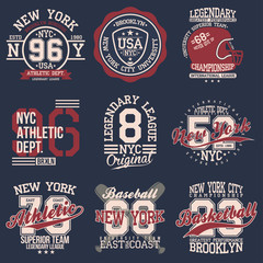 Vintage labels set, athletic sport typography for t shirt print. Varsity style. T-shirt graphic