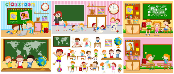 Different scenes of classrooms with kids