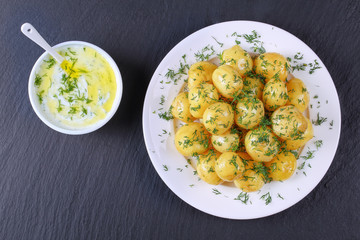 boiled new potatoes and tzatziki sauce