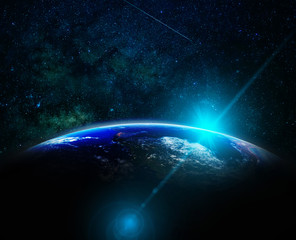 Part of earth with sun rise and lens flare over the Milky Way background, Internet Network concept, Elements of this image furnished by NASA