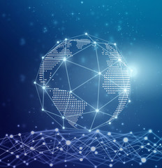Futuristic technology mesh polygonal shape of circle global business with lines and dots over the Technology connection shape background, business technology and network connections concept