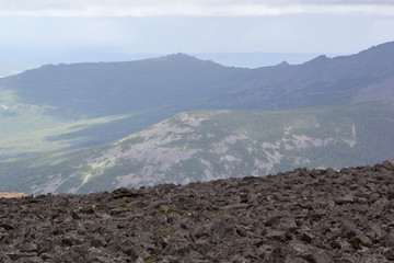 Mountain valley. Summer in the mountains. Wild nature of the northern Urals.