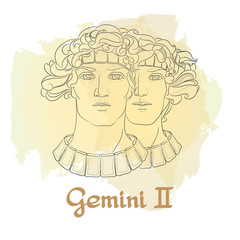 Hand drawn line art of decorative zodiac sign Gemini. 