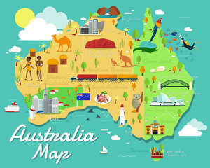 Australia map with colorful landmarks illustration design