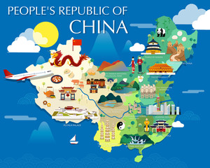 People's republic of China map with colorful landmarks illustration design