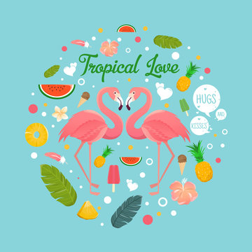 Flamingo couple in summer tropical love illustration