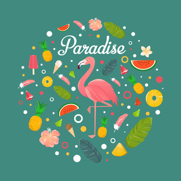 Flamingo with delicious fruits and desserts in summer green background  illustration