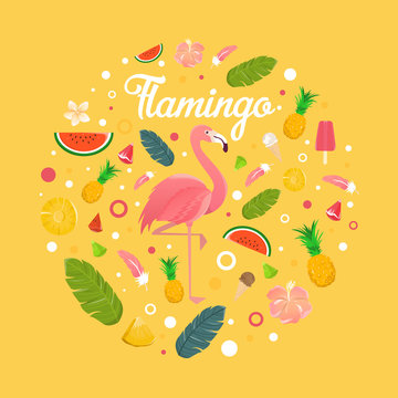 Flamingo with delicious fruits and desserts in summer yellow background  illustration