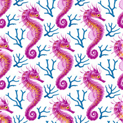 Vector Seamless Pattern whith Seahorse. Purple Thorny Hippocampus and Blue Coral Isolated on White Background. Use for Sea Wallpaper, Gift Wrap or Wrapping Paper