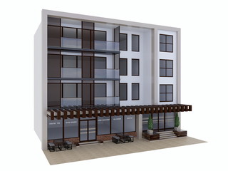 3D model appart-hotel from cafe on the first floor. The isolated object on a white background.