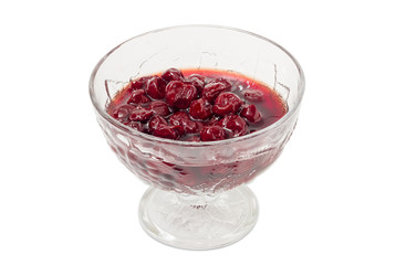 Cherry jam in the glass dessert bowl