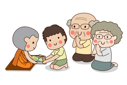 Boy and elderly couple sitting and offering food to Buddhist monk with white background.