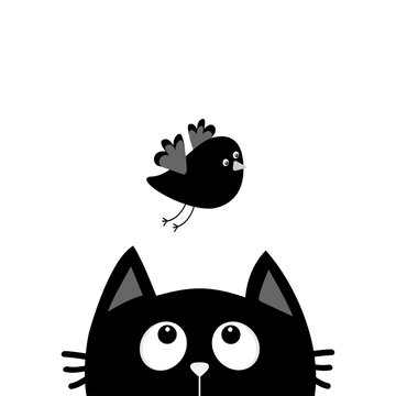Black cat face head silhouette looking up to flying bird. Cute cartoon character. Kawaii animal. Baby card. Pet collection. Flat design style. White background. Isolated
