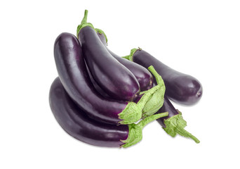 Fresh purple eggplants on a light background