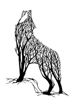 Mysterious aggressive Wolf howl silhouette double exposure blend tree drawing tattoo vector