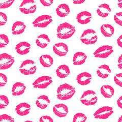 Pink lips kiss prints seamless pattern, isolated on white background