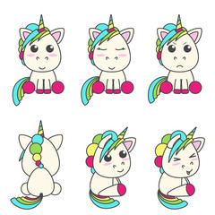 Vector set of unicorns with different emoticons. Flat design