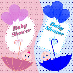 Baby shower invitation card. Cute boy and girl sitting in umbrella. Design invitation or greeting card for baby shower.