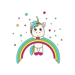 The unicorn hung on the rainbow, around confetti. Flat vector illustration for print