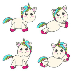 Vector set of unicorns in four different poses. Cute flat design.
