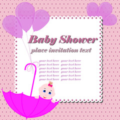 Baby shower invitation card. Cute girl sitting in umbrella. Design invitation or greeting card for baby shower.