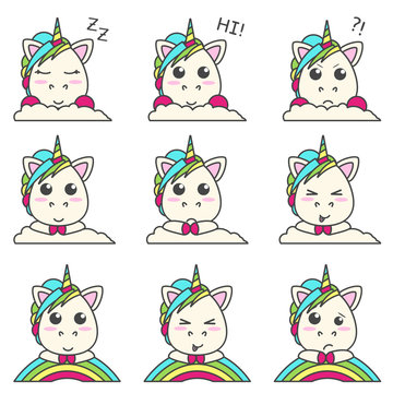Vector set of unicorns emoticons. Flat design for icons and stickers