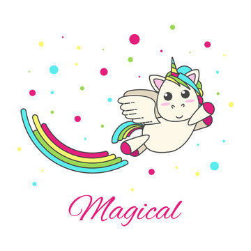Flying unicorn with a rainbow and stars on a white background. Vector flat design for children.