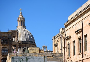 View of the Carmelite church bell tower, Valletta, Malta.